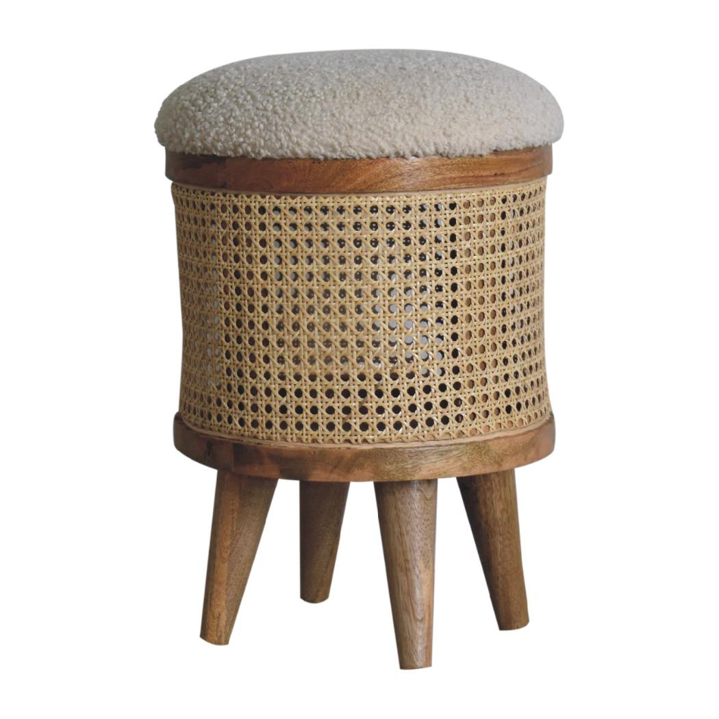Cream Bouclé Larissa Footstool | Rattan & Solid Mango Wood | Nordic Round Stool