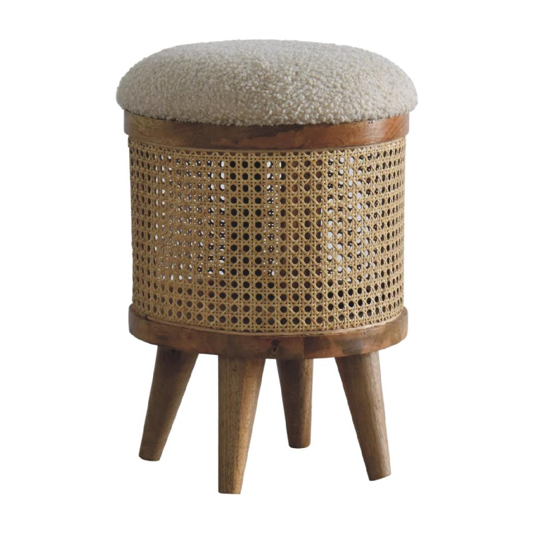 Cream Bouclé Larissa Footstool | Rattan & Solid Mango Wood | Nordic Round Stool