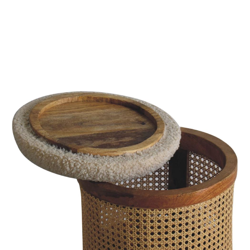 Cream Bouclé Larissa Footstool | Rattan & Solid Mango Wood | Nordic Round Stool
