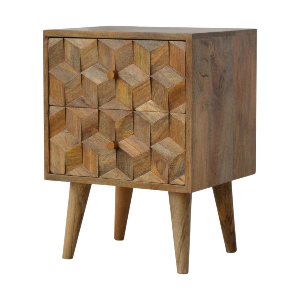 Cube Carved 2 Drawer Bedside Table | Sculptural Detail | Bedroom Storage