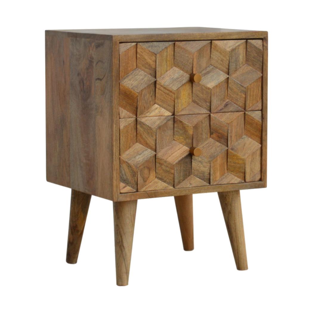 Cube Carved 2 Drawer Bedside Table | Sculptural Detail | Bedroom Storage