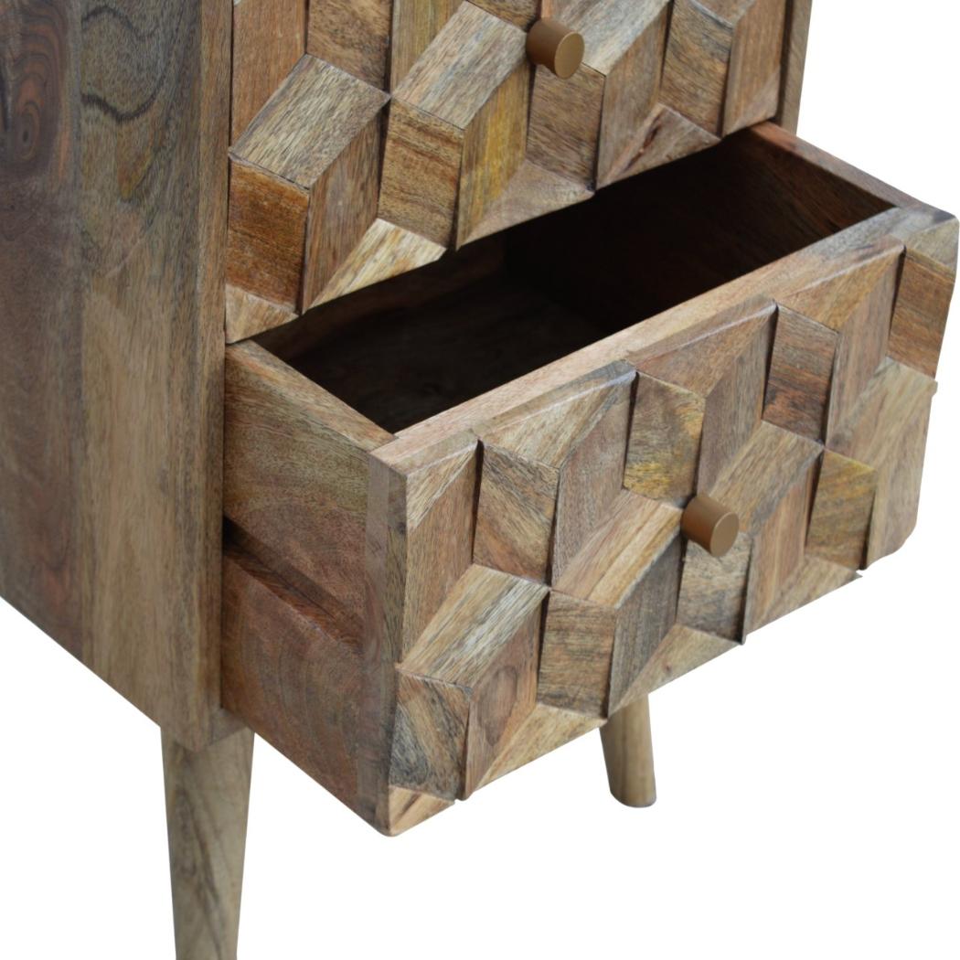 Cube Carved 2 Drawer Bedside Table | Sculptural Detail | Bedroom Storage