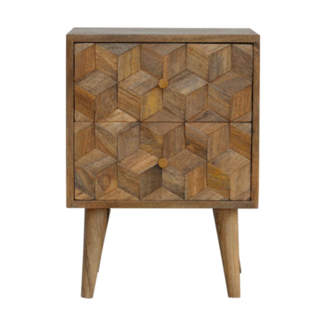Cube Carved 2 Drawer Bedside Table | Sculptural Detail | Bedroom Storage
