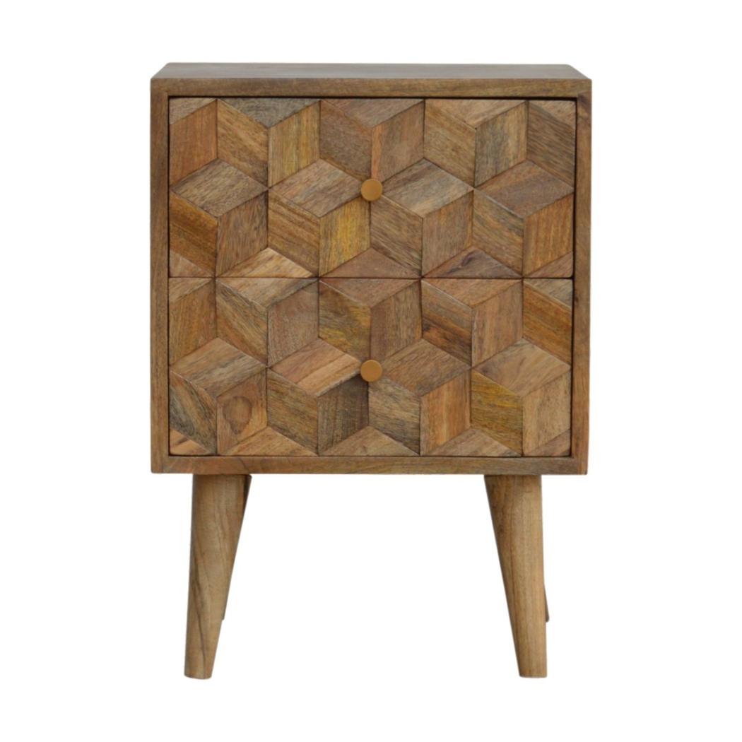Cube Carved 2 Drawer Bedside Table | Sculptural Detail | Bedroom Storage
