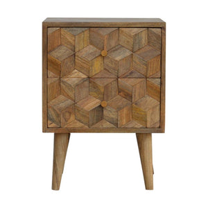 Cube Carved 2 Drawer Bedside Table | Sculptural Detail | Bedroom Storage