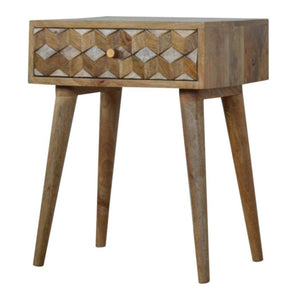 Cube Carved Bedside Table | Geometric Mango Wood Design | 1 Drawer Bedroom Furniture