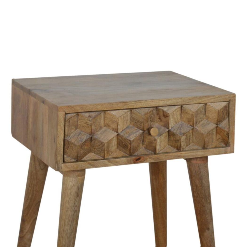 Cube Carved Bedside Table | Geometric Mango Wood Design | 1 Drawer Bedroom Furniture