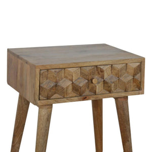 Cube Carved Bedside Table | Geometric Mango Wood Design | 1 Drawer Bedroom Furniture