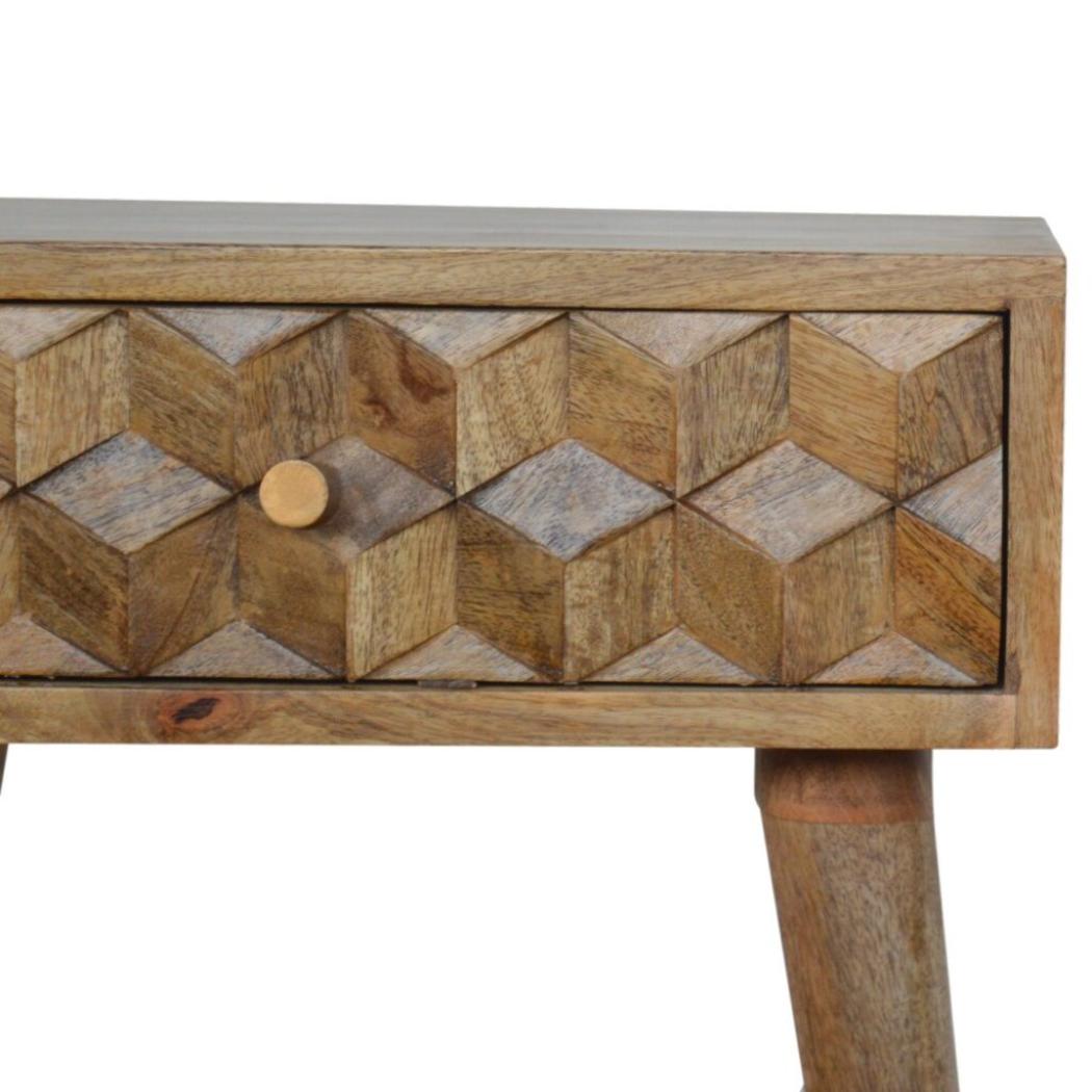 Cube Carved Bedside Table | Geometric Mango Wood Design | 1 Drawer Bedroom Furniture