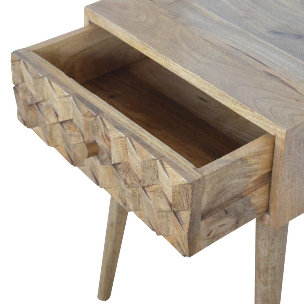 Cube Carved Bedside Table | Geometric Mango Wood Design | 1 Drawer Bedroom Furniture