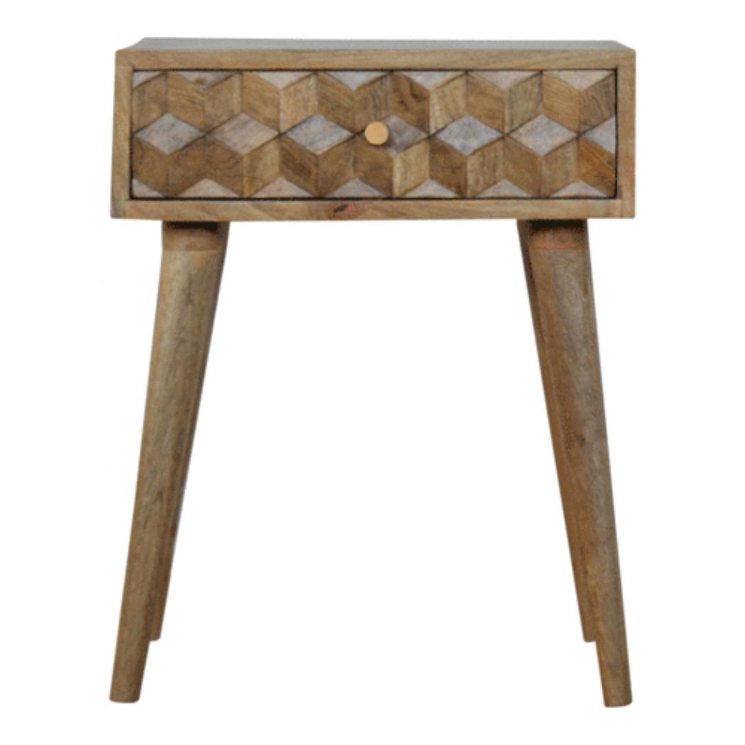 Cube Carved Bedside Table | Geometric Mango Wood Design | 1 Drawer Bedroom Furniture