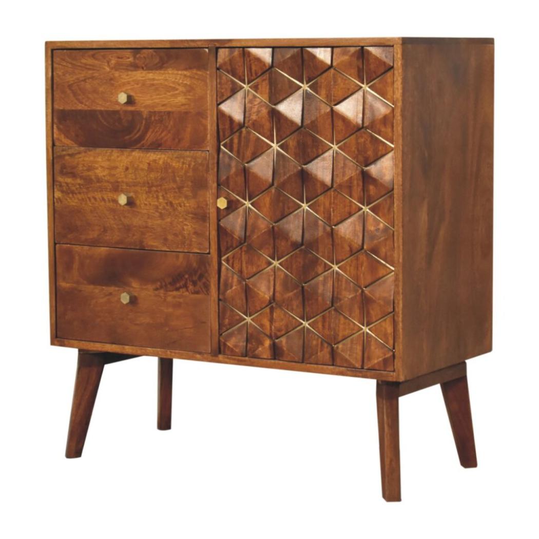 Cubed Brass Inlay Cabinet | Chestnut Finish | Geometric Storage