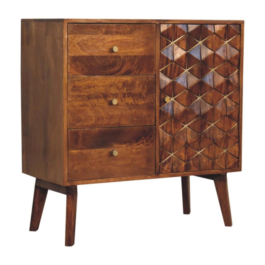Cubed Brass Inlay Cabinet | Chestnut Finish | Geometric Storage