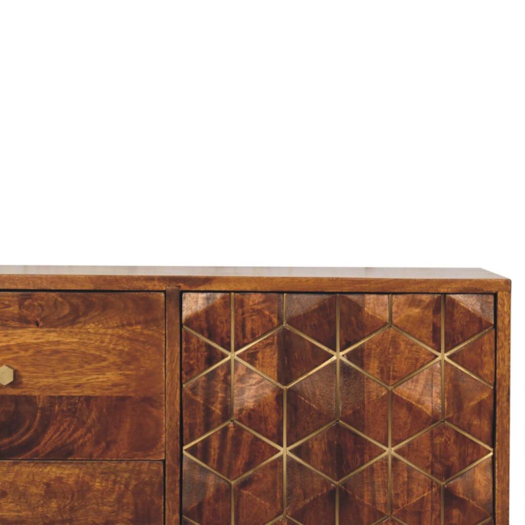 Cubed Brass Inlay Cabinet | Chestnut Finish | Geometric Storage