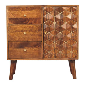 Cubed Brass Inlay Cabinet | Chestnut Finish | Geometric Storage