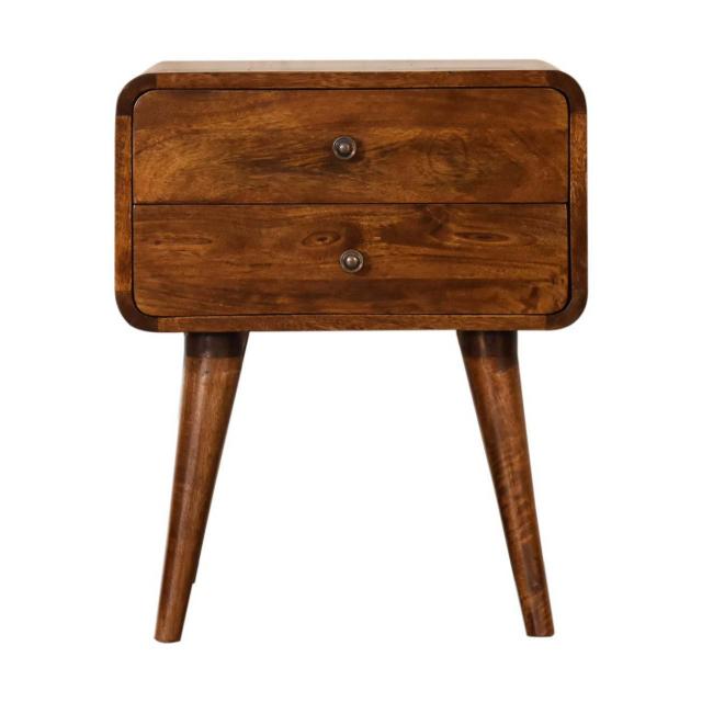 Curve Chestnut Cable Bedside Table | Solid Mango Wood | 2 Drawers