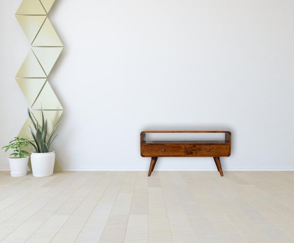 Curve Chestnut Cable TV Unit | Solid Mango Wood | 2 Drawers & Open Shelf
