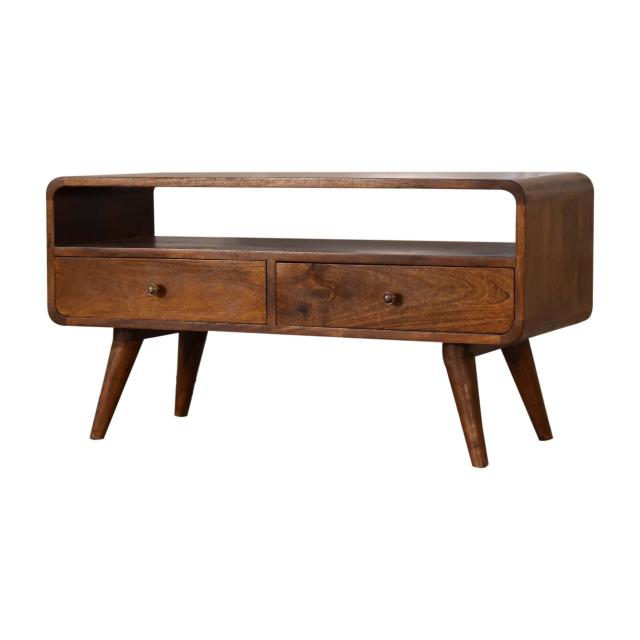 Curve Chestnut Cable TV Unit | Solid Mango Wood | 2 Drawers & Open Shelf