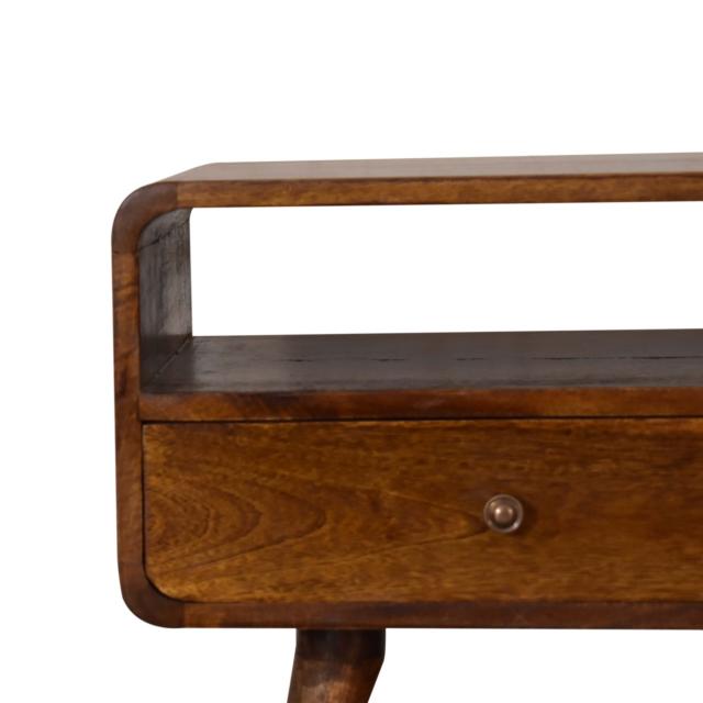 Curve Chestnut Cable TV Unit | Solid Mango Wood | 2 Drawers & Open Shelf