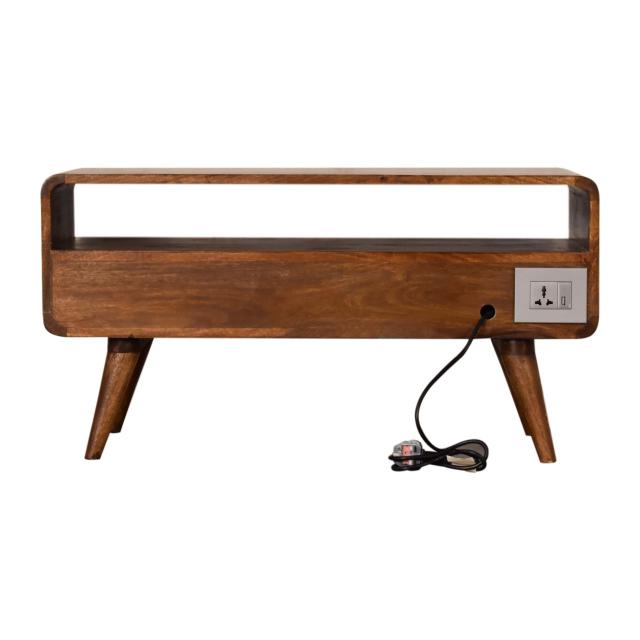 Curve Chestnut Cable TV Unit | Solid Mango Wood | 2 Drawers & Open Shelf