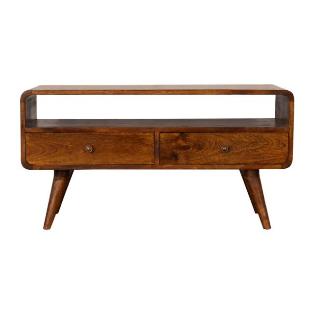 Curve Chestnut Cable TV Unit | Solid Mango Wood | 2 Drawers & Open Shelf