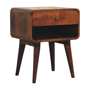 Curve Open Slot Bedside Table | Solid Mango Wood | Chestnut Finish | 1 Drawer Nightstand