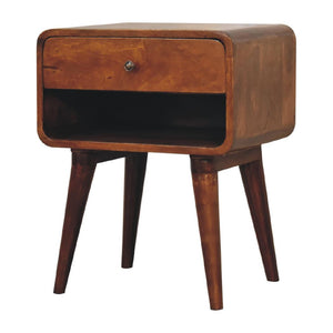 Curve Open Slot Bedside Table | Solid Mango Wood | Chestnut Finish | 1 Drawer Nightstand