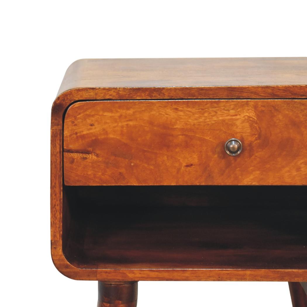 Curve Open Slot Bedside Table | Solid Mango Wood | Chestnut Finish | 1 Drawer Nightstand
