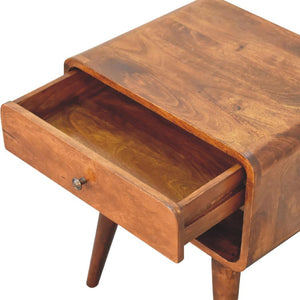 Curve Open Slot Bedside Table | Solid Mango Wood | Chestnut Finish | 1 Drawer Nightstand