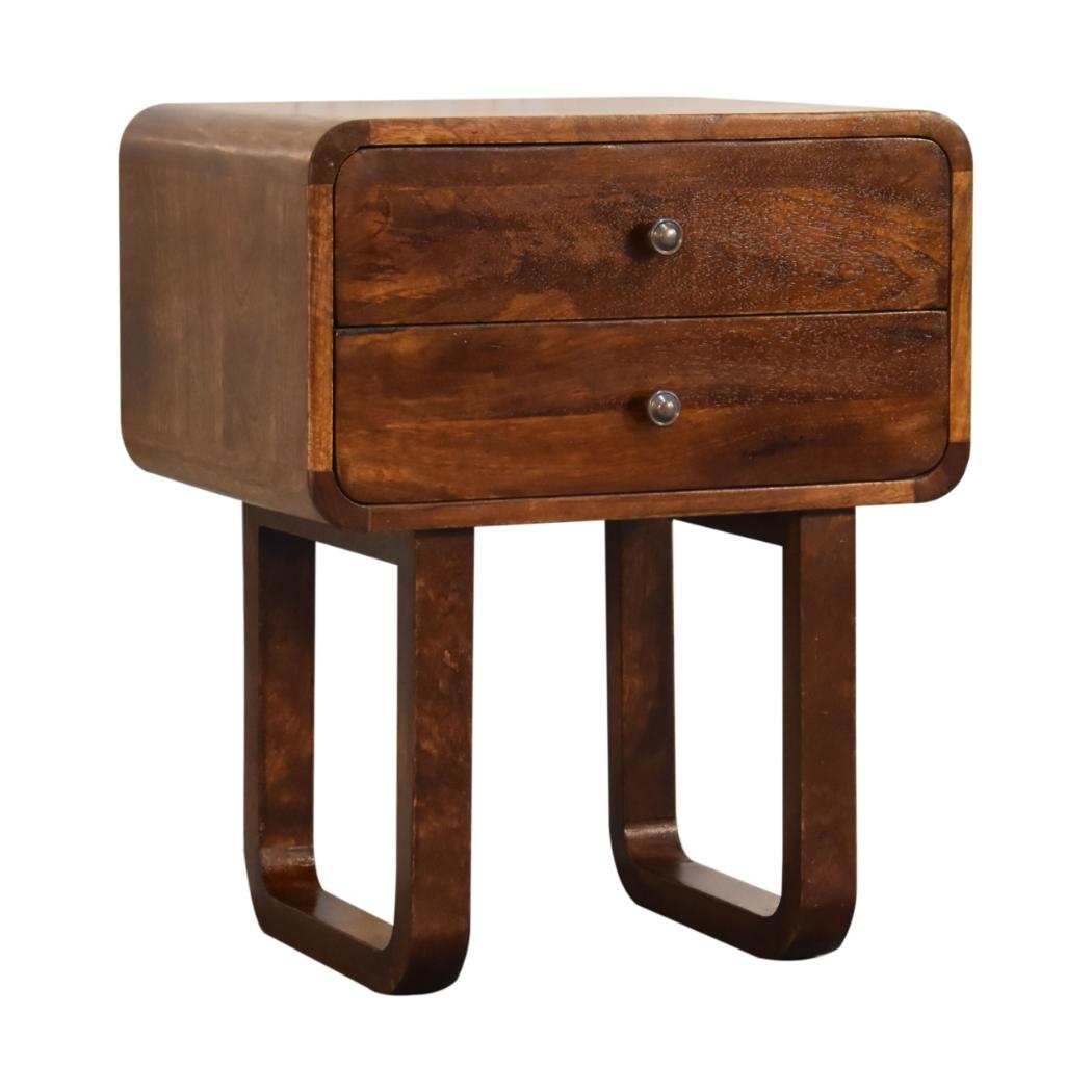 Curved Bedside Table | Solid Mango Wood | Chestnut Finish | 2 Drawers