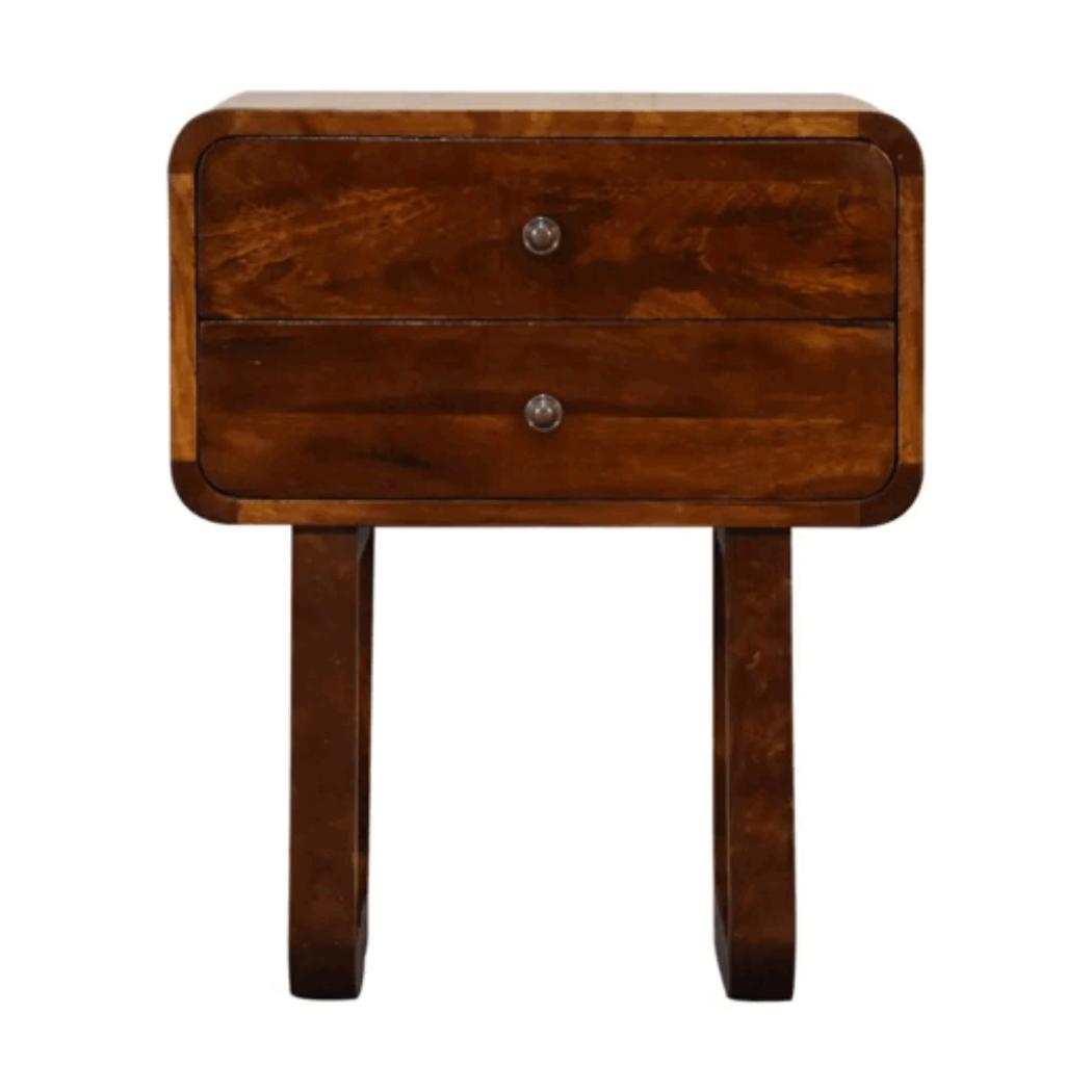 Curved Bedside Table | Solid Mango Wood | Chestnut Finish | 2 Drawers