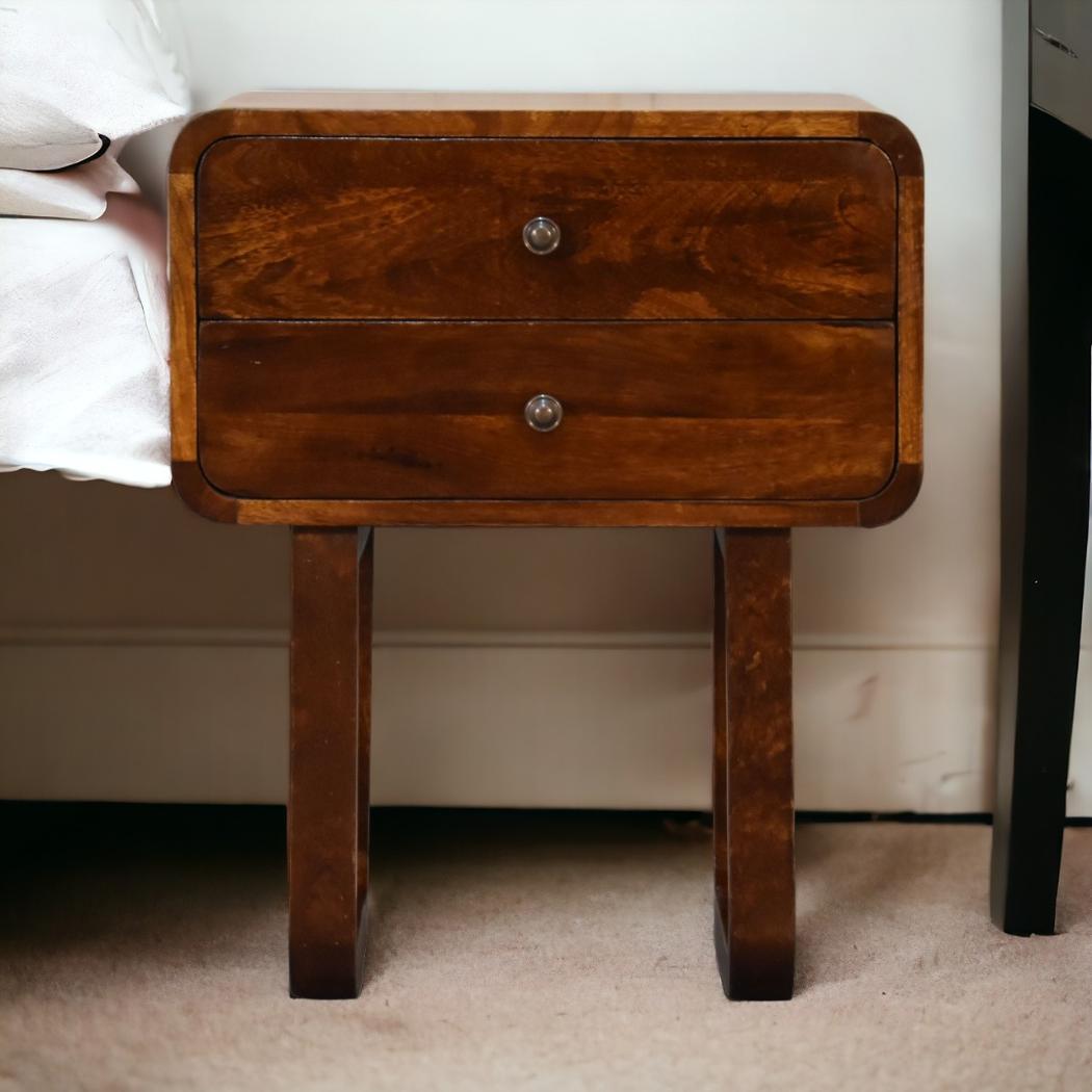 Curved Bedside Table | Solid Mango Wood | Chestnut Finish | 2 Drawers