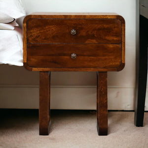 Curved Bedside Table | Solid Mango Wood | Chestnut Finish | 2 Drawers