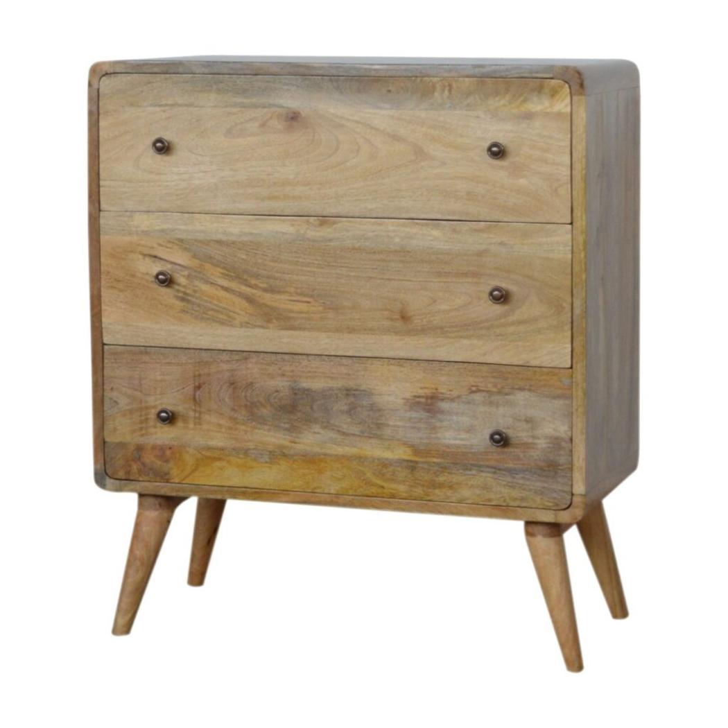 Curved Chest of Drawers | Solid Mango Wood | Oak Finish | Rounded Storage Cabinet