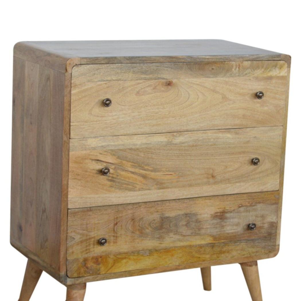 Curved Chest of Drawers | Solid Mango Wood | Oak Finish | Rounded Storage Cabinet