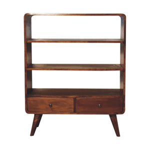 Curved Chestnut Low Bookcase | Solid Mango Wood | Chestnut Finish | 2 Drawer Display Storage