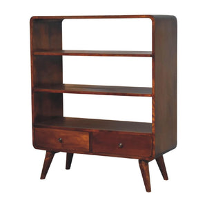 Curved Chestnut Low Bookcase | Solid Mango Wood | Chestnut Finish | 2 Drawer Display Storage