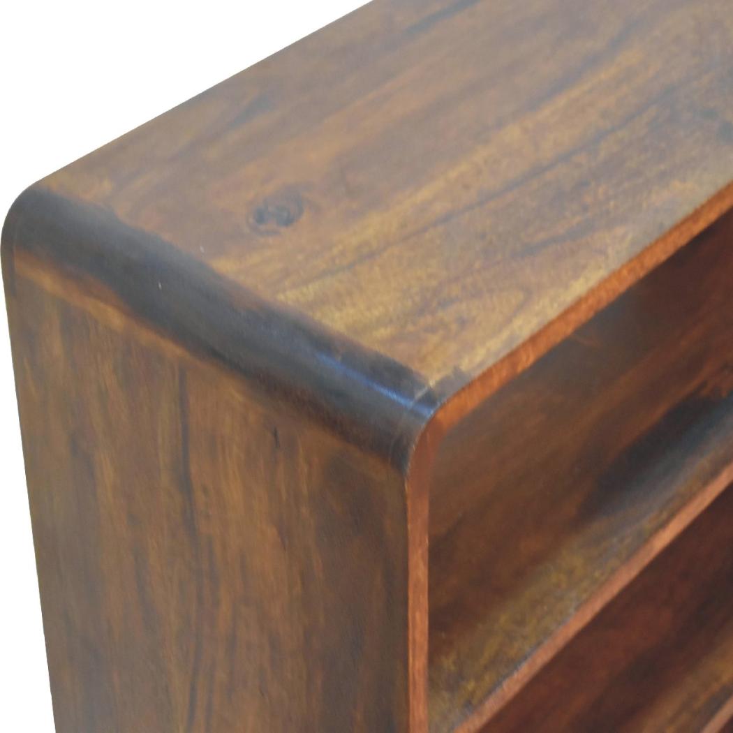 Curved Chestnut Low Bookcase | Solid Mango Wood | Chestnut Finish | 2 Drawer Display Storage