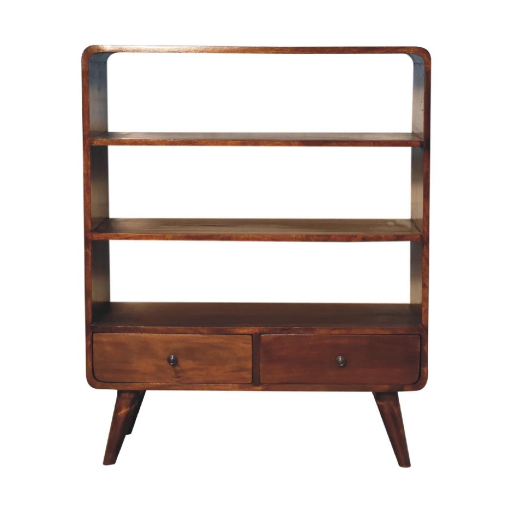 Curved Chestnut Low Bookcase | Solid Mango Wood | Chestnut Finish | 2 Drawer Display Storage