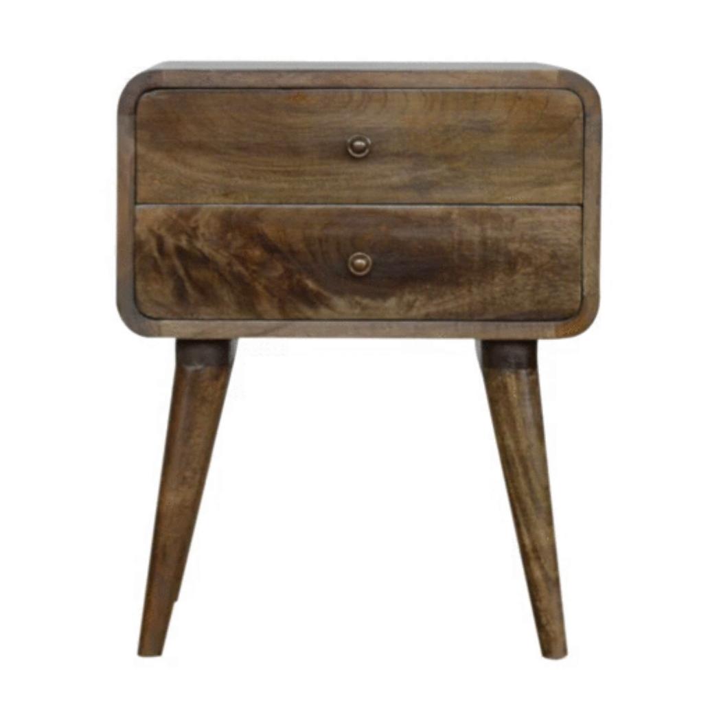 Curved Classic Bedside Table | Solid Mango Wood | Grey Wash Finish | Compact Storage