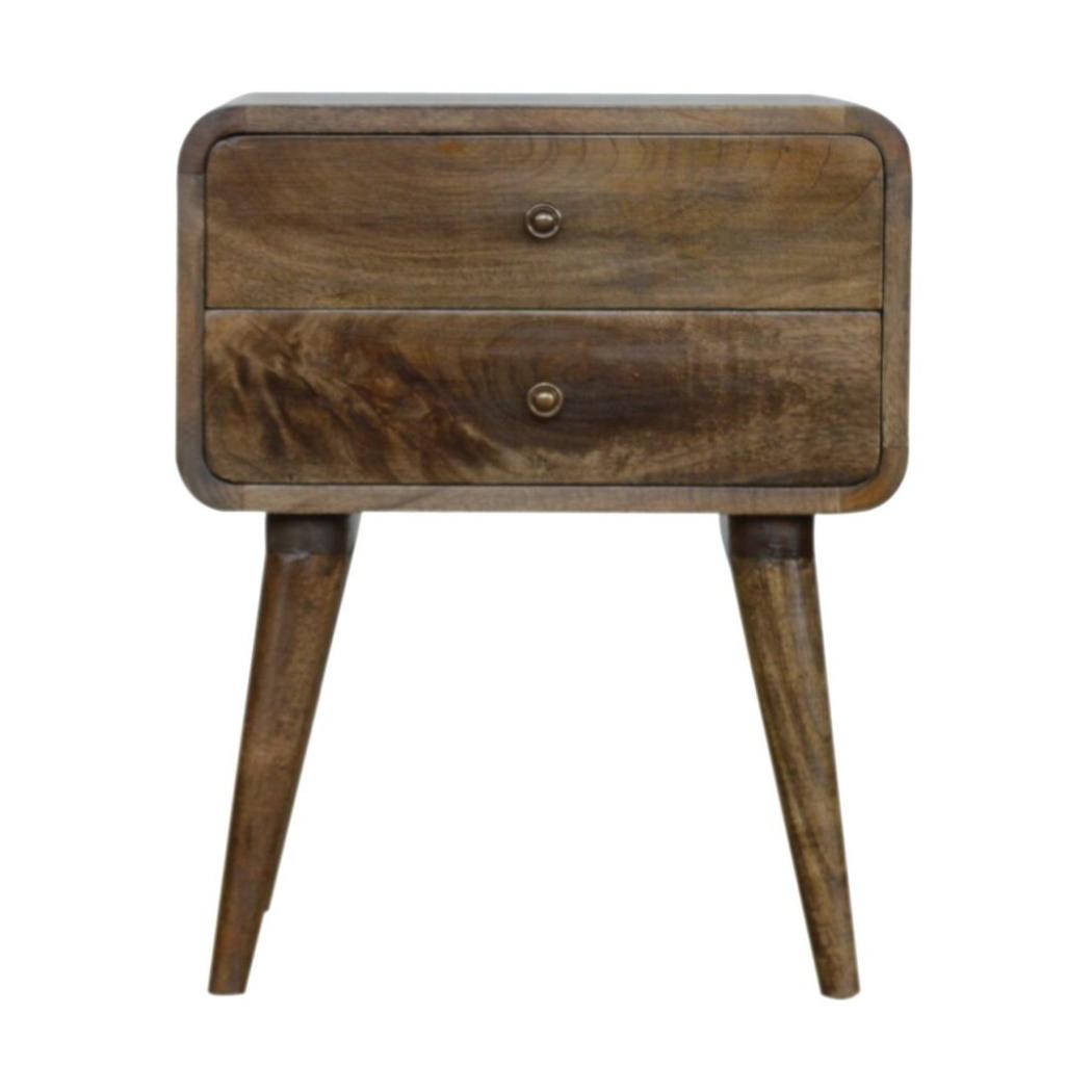Curved Classic Bedside Table | Solid Mango Wood | Grey Wash Finish | Compact Storage