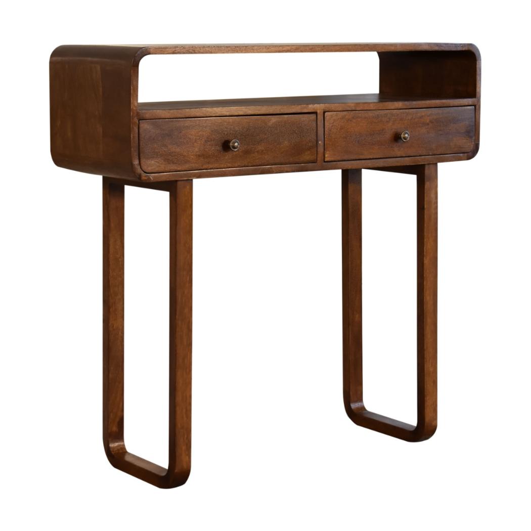 Curved Console Table | Solid Mango Wood | Chestnut Finish | 2 Drawers & Open Shelf