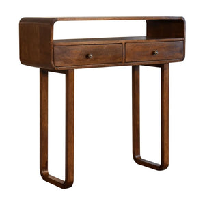 Curved Console Table | Solid Mango Wood | Chestnut Finish | 2 Drawers & Open Shelf