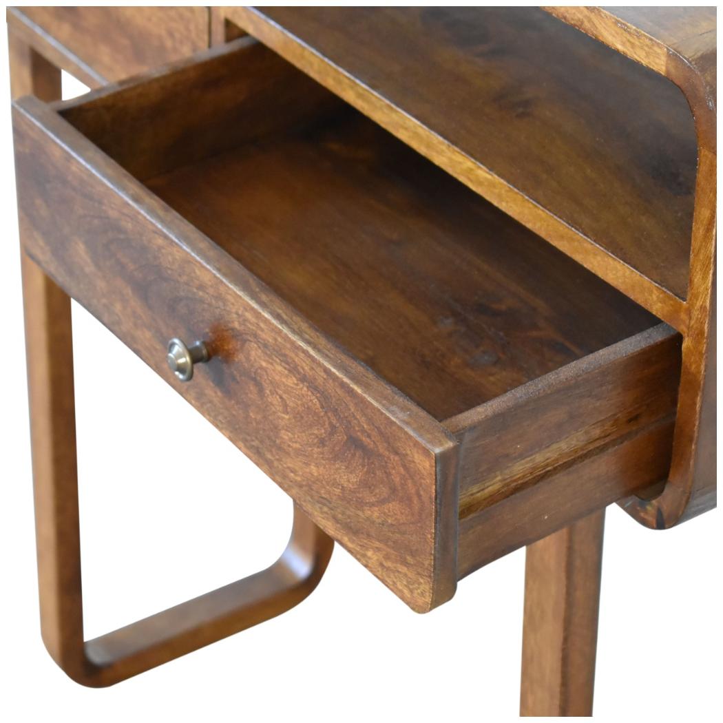 Curved Console Table | Solid Mango Wood | Chestnut Finish | 2 Drawers & Open Shelf