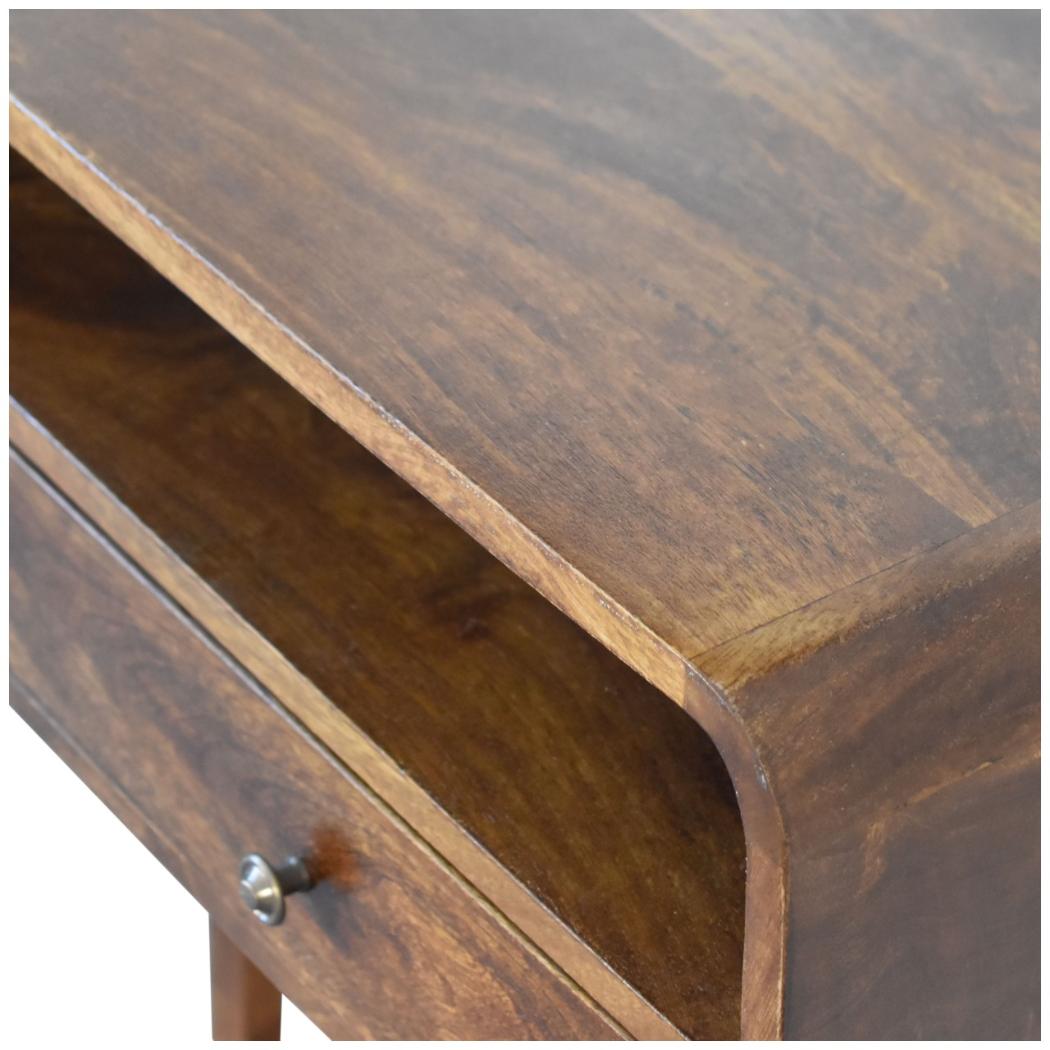 Curved Console Table | Solid Mango Wood | Chestnut Finish | 2 Drawers & Open Shelf