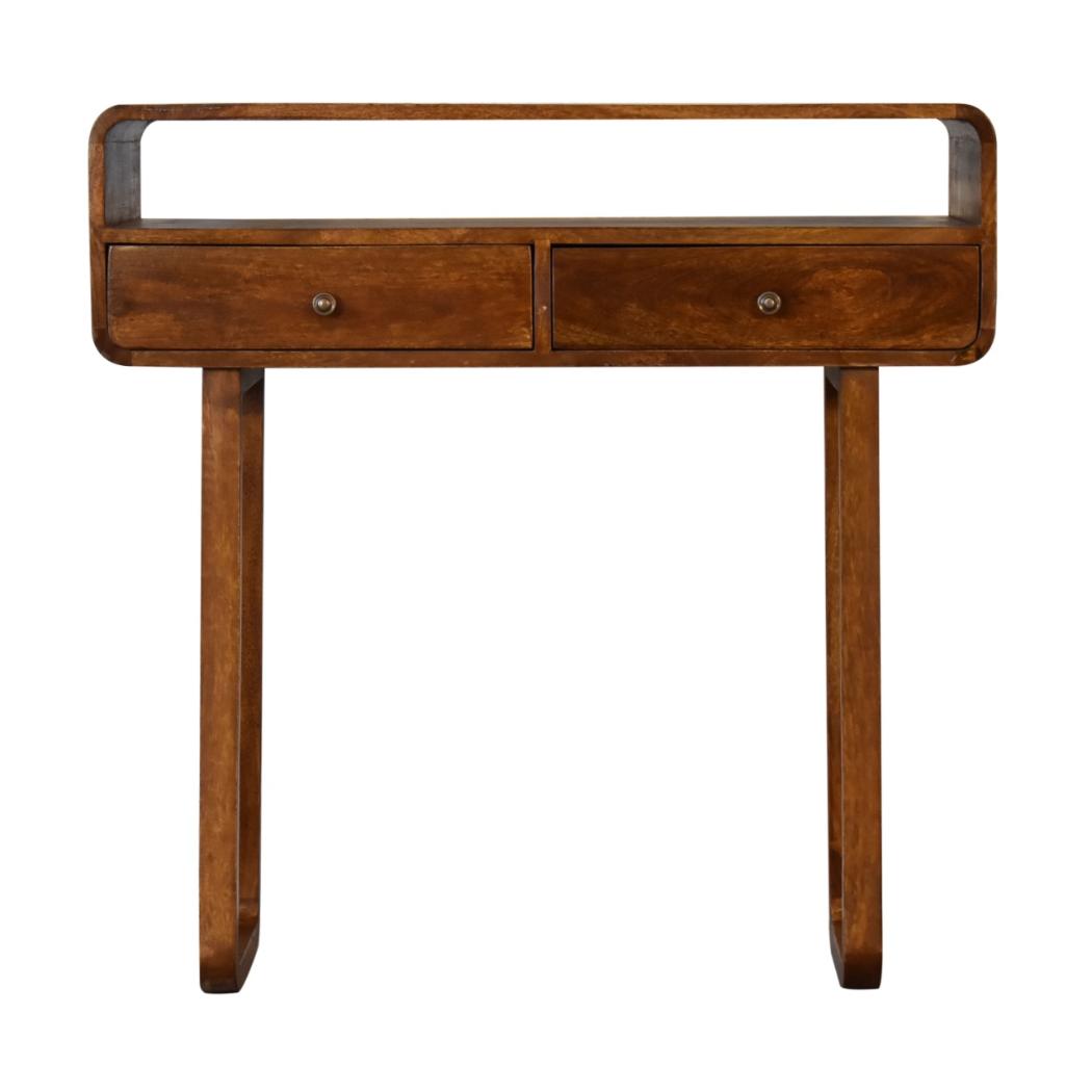 Curved Console Table | Solid Mango Wood | Chestnut Finish | 2 Drawers & Open Shelf