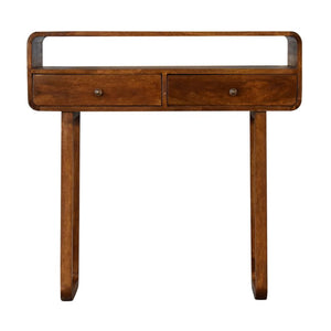Curved Console Table | Solid Mango Wood | Chestnut Finish | 2 Drawers & Open Shelf