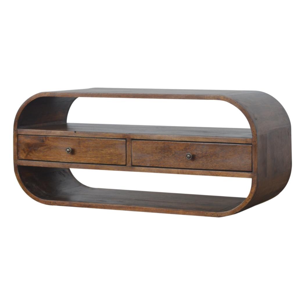 Curved Edge Media Unit | Solid Mango Wood | Chestnut Finish | 2 Drawer TV Cabinet