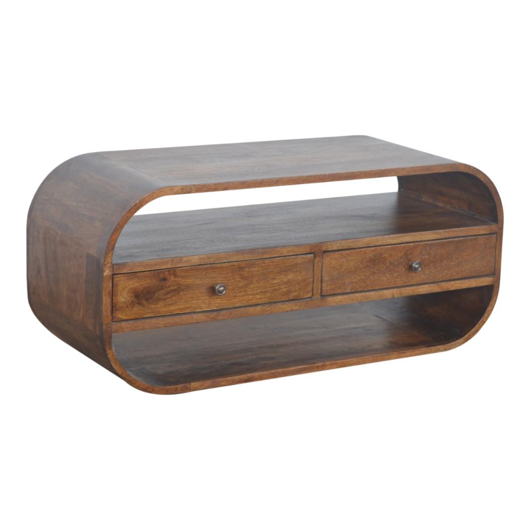 Curved Edge Media Unit | Solid Mango Wood | Chestnut Finish | 2 Drawer TV Cabinet