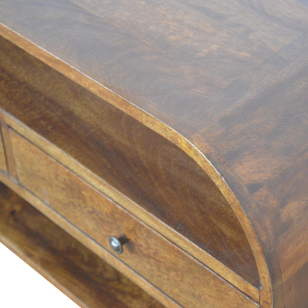 Curved Edge Media Unit | Solid Mango Wood | Chestnut Finish | 2 Drawer TV Cabinet